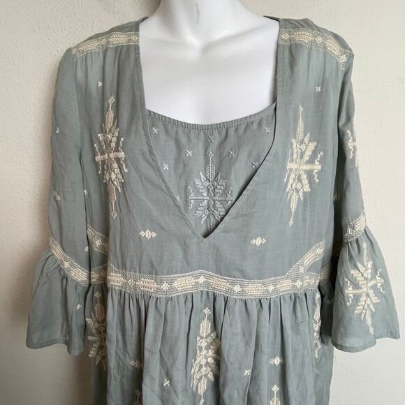 Sundance Embroidered Babydoll Boho Dress M Sage Beige Festival Bell Sleeve Slip - Picture 3 of 9